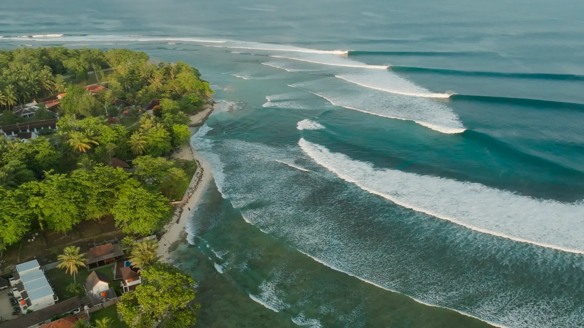 Aerial view of a tropical point break peeling past a palm-lined headland of surf villas